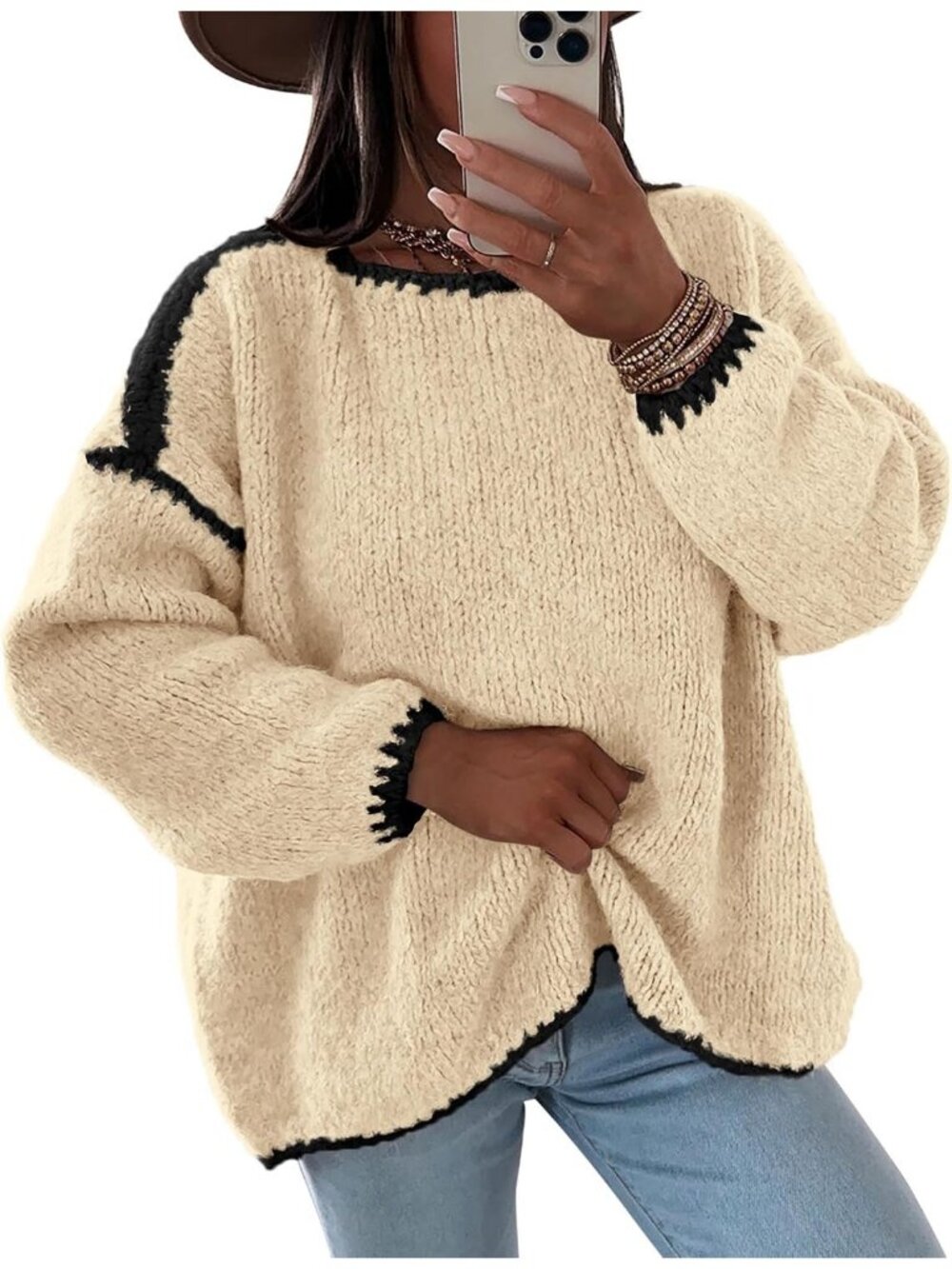 Women's Beige Long Sleeve Crew Neck Casual Cute Cozy Chunky Knit Sweaters